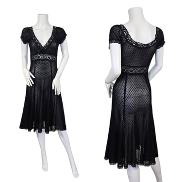Betsey Johnson 1990s Black Sheer Net Polka Dot Mesh Dress Sz Lrg 