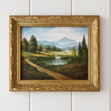Vintage Landscape Oil Painting, Framed Pastoral Country Art, Ornate Gold Frame 