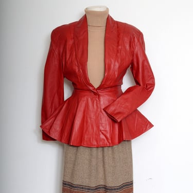vintage 80s red leather jacket with flared waist by Chia / fitted waist cropped fit / silhouette statement coat / XS - Small 