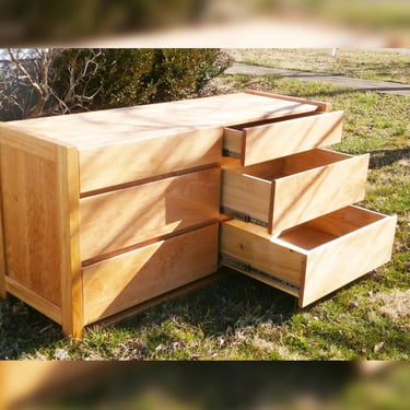X6320h *Hardwood 6 Drawer Dresser, Framed Ends, Overlap Drawers; BT110A, matching table; X6320q, Thick frame, inset drawers, natural 