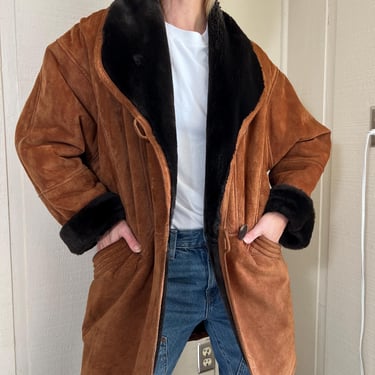 Vtg 80s Suede Shearling Coat, Vintage Brown Faux-Sherpa Jacket, Car Coat,  Teddy Coat 