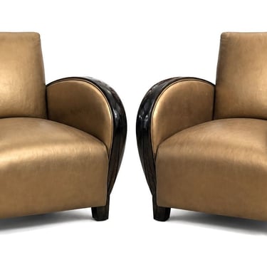 Pair of French Art Deco Gold and Black Leather Club Chairs