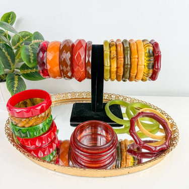 Vintage Bakelite Bangle Bracelets, Carved Bamboo and Facet Designs, Art Deco Jewelry  - Sold Individually 