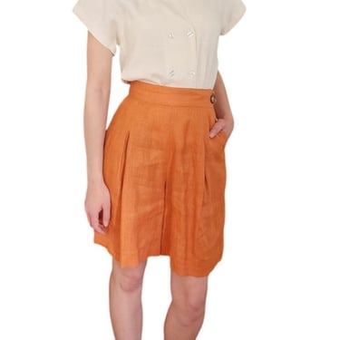 Vintage 1980s Orange Linen Dress Shorts Pleated Front by Perlie / M 