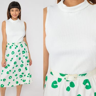 Vintage White Dotted Dress 80s Midi Sleeveless Sundress 1980s Ribbed Knit Mock Neck High Waisted Belted Dress Summer Sun Green Retro Small s 