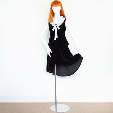 Vintage 80s Black Velvet Mini Dress Sleeveless Light Blue Bow Collar Asymmetrical Hem Size S UK 10 