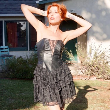 1980s Chia Leather and Lace Party Dress / 80s Leather Fit and Flare Dress 