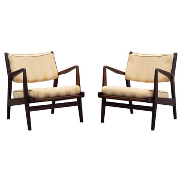 Pair Jens Risom Model U-430 Lounge Chairs Walnut Upholstery Mid Century Modern