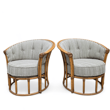 MCM Heywood Wakefield “Ashcraft” Bamboo Style Rattan Chairs Newly Reupholstered – Pair