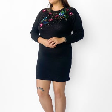 1980s Black Sequin Butterflies Sweater Dress, sz. L/XL