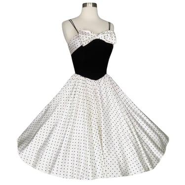 Vintage 80s 50s Black White Velvet Satin Full Circle Skirt Polka Dot Prom Party Dress S Small Pinup Rockabilly Swing Dance Spaghetti Straps 
