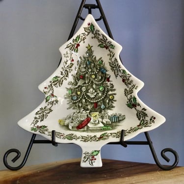 Johnson Bros Merry Christmas Tree Shaped Candy Dish, Vintage Holiday Tableware, English Porcelain Tidbit Tray Nut Dish w Presents under Tree 