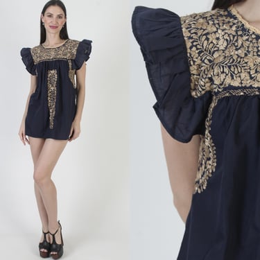 Womens Navy Blue Embroidered Oaxacan Tunic Blouse 