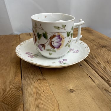 Antique Mustache Tea Cup and Saucer Set Purple Floral Twig Handle Gold Leaf 