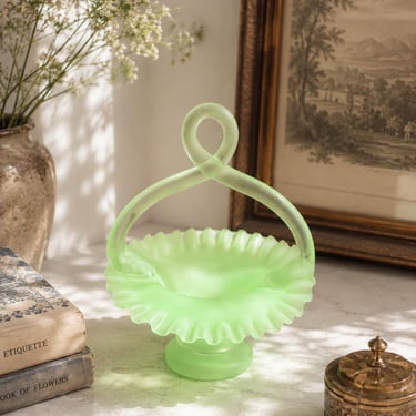 Antique Uranium Glass Basket, Victorian Hand Blown Satin Cased Glass, Applied Handle Basket, UV Glow Glass, Victorian Home Decor 