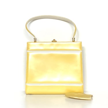 Vintage 60s Rayne Yellow/White Pearlescent Leather Top Handle Handbag Silk Coin Purse 