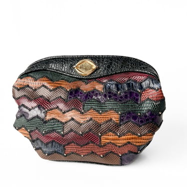 1980s Black Chevron Faux Leather Clutch