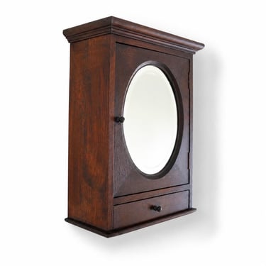 Antique Oak Wall Cabinet with Bevelled Oval Mirror | Arts & Crafts Medicine Cupboard 