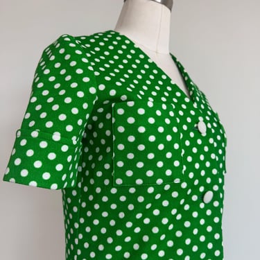 Vintage 70s Stretch Knit Ribbed Short Sleeve Top with Lime Green and White Polka Dots; 70s Retro Novely Tank Peplum Fitted Blouse Jacket 