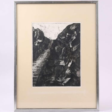 Abstract etching black white vintage art print framed mid century modern art Scandinavian wall art 1960s painting original 1960s lithograph 