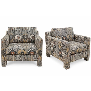 Pair of Vintage Club Chairs with Ikat Fabric