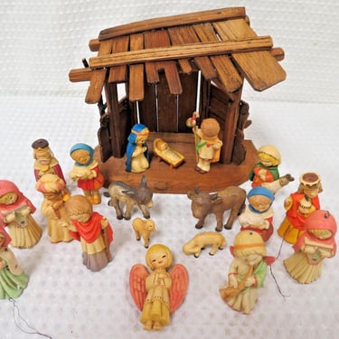 Vtg ANRI Wood Nativity Set Hand Painted Italy Creche Stable Manger 20pc Ornament 