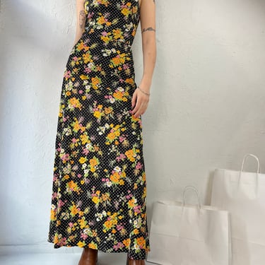 60s / 70s Union Made Black Floral Hippie Halter Maxi Dress / Small 