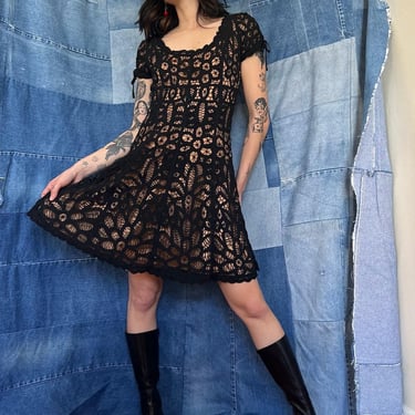Vintage Lace Dress / y2k Betsey Johnson Dress / Nude Illusion Dress / Made in the USA Lace Little Black Mini Dress 