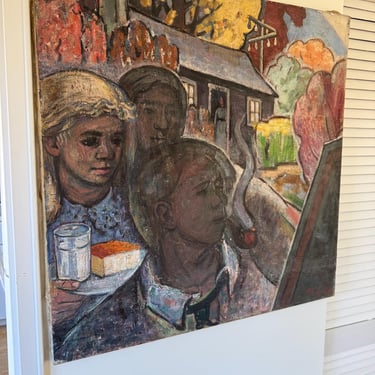 Funky Unusual Cool Original 1940-50s Mid Century Oil on Canvas Painting 