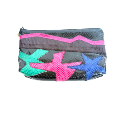 SHARIF Vintage 80s Snakeskin Star Clutch, Neon Patchwork Leather Pouch, Retro Geometric Zipper Bag, 90s Retro Makeup Bag, Mini CLutch 
