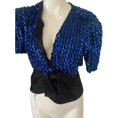 90's Vintage blue sequin tuxedo top jacket, women's tuxedo jacket, sequin top jacket black tie cocktail blouse size small s 