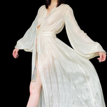 Ethereal Vintage 1940's Sheer White Parachute Silk Balloon Bishop Sleeve Dressing Gown / Peignoir / Robe - size Medium 