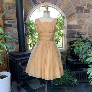 Vintage 1950s Golden Silk Organza Formal Party Dress, Vintage Fifties Silk Cocktail Dress, Vintage Marilyn Monroe Style Dress 