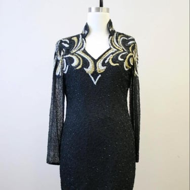 1980s Black and Gold Beaded Dress 