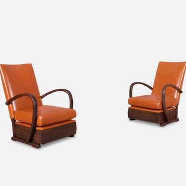 Vintage French Art Deco Leather and Walnut Lounge Chairs, 1940s