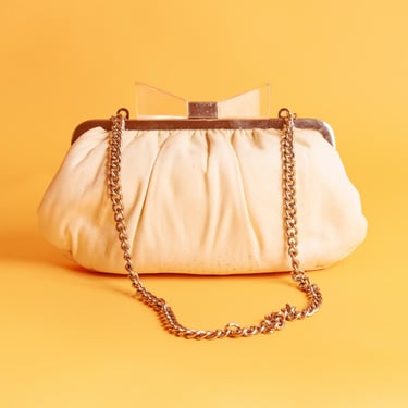 90s Ivory Satin Clutch: Vintage Gold Chain Handle & Lucite Bow 