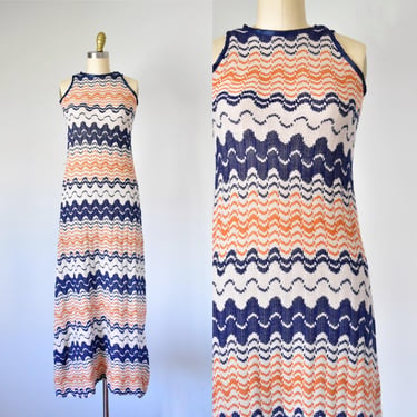 Daisy Vintage 1970s Bohemian Handmade Chevron Knit Maxi Dress 