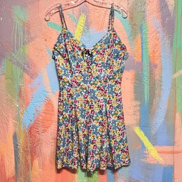 90s Y2k Grunge Floral Romper Sleeveless size 9 / 10 - Rainbow Flower Print Rayon Shorts Jumpsuit Spaghetti Strap Medium 