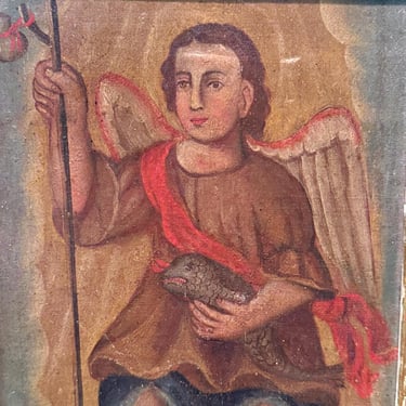Antique Retablo of San Rafael Archangel | 19th Century Colonial Style Folk Art Oil Painting | Archangel Raphael 