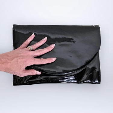 Vintage 80s Black Patent Clutch | Chain Handle Shoulder Bag Purse | VFG 