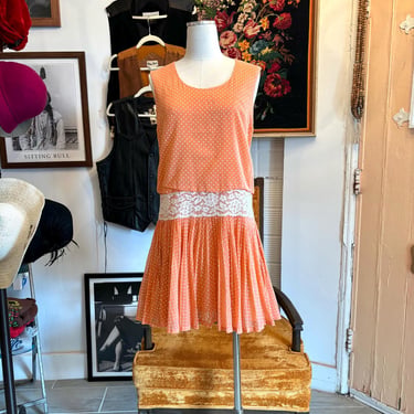vintage 60's orange polka dot dress cotton drop waist dress 