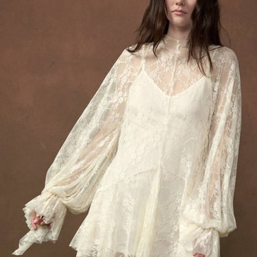 Floral Lace Layered Mock-Neck Bishop-Sleeve Mini Dress
