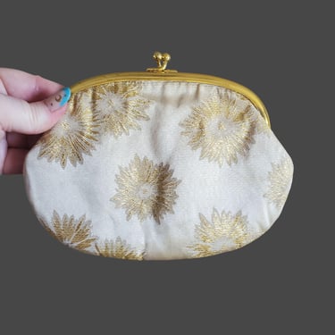 1950s/60s Gold Metallic Clutch Bag with Kissing Clasp - 60s Storage for Purse - 50s Makeup bag 