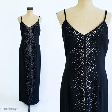 1980s Scott McClintock Black Rhinestone Evening Dress | Vintage Black Maxi Dress, Medium 
