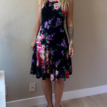 70s Drop Waist Floral Dress w Matching Jacket Vintage Floral Drop Waist Dress 70s Black Floral Dress Julie Miller Vintage Dress w Jacket Set 