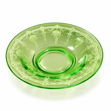 Vintage Uranium Glass Etched Floral Bowl 7 Inch Green Depression Glass 