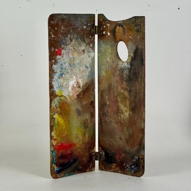 Vintage Artist's Traveling Painting Palette With Remnant Multicolored Oil Paint 
