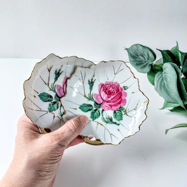 2 Vintage Nasco Floral Pink Rose Tray Trinket Dish/ Gold Trim/Japan/ Soap Dish/ Stocking Stuffer/ Country Cottage Core/ Plate Wall 