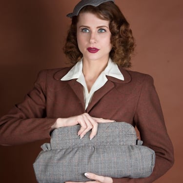 Wartime 1940s Handbag and Hat Set - Fantastic Prince of Wales Plaid Purse, and Cap with Removable Butterfly 