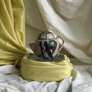 Vintage Folk Art Ceramic Teapot | Hand Painted Blue Green Abstract | Cottagecore Kitchen Decor | Eclectic Tea Lover Gift | Handmade Pottery 